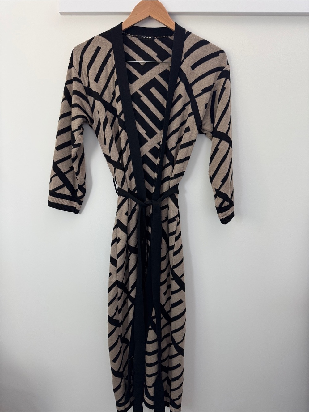 Fashion Nova Beige and Black Geometric Long Cardigan with Knit Tie